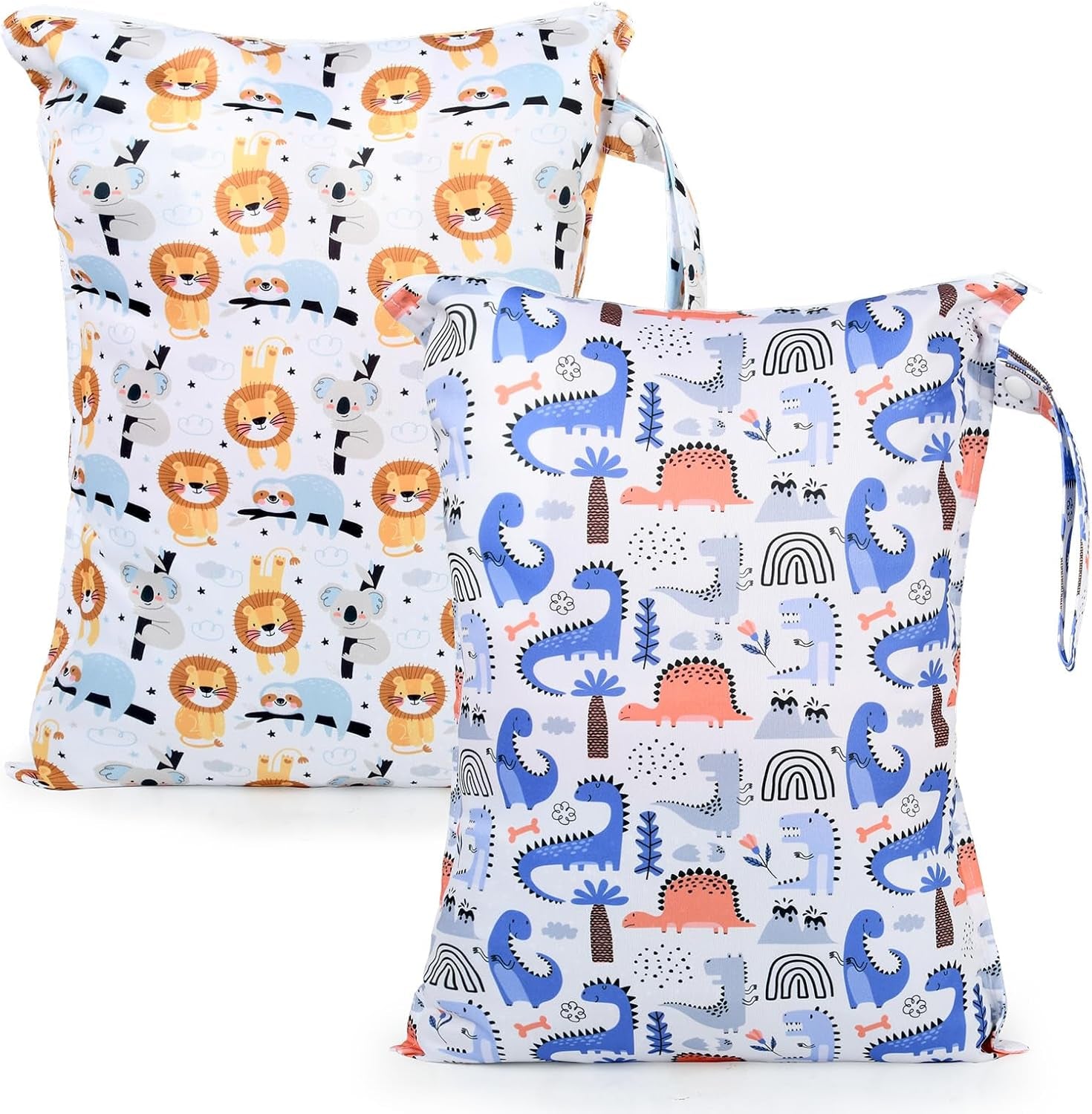 Mess-Proof Waterproof Wet Dry Bag,2 Pack Reusable Wet Bags for Swimsuits& Baby Clothes,Leakproof Wet Bag for Travel & Diaper Changes for Baby-Dinosaur,Lion