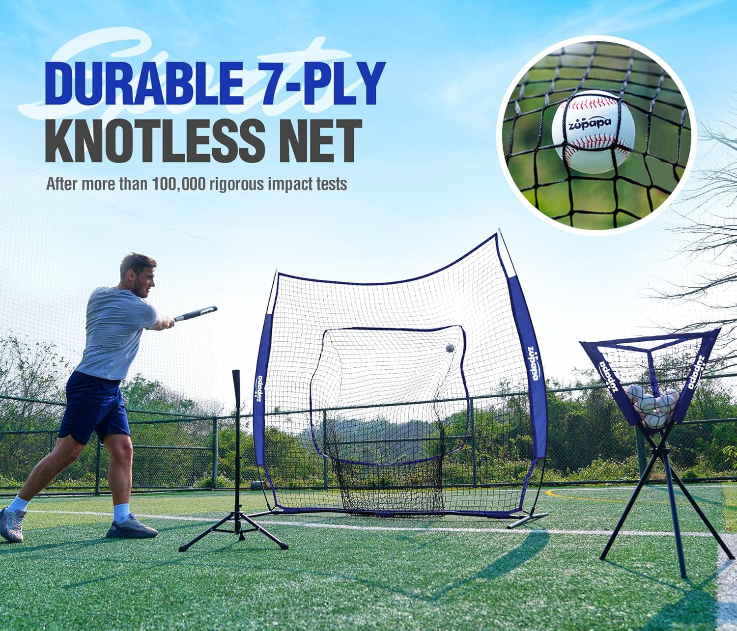 Baseball Softball Practice Combo - 7 X 7 Feet Net Tee Caddy 12 Pack Baseballs Set, Upgraded Vivid Strike Zone, Baseball Backstop Practice Net for Hitting Pitching Batting Catching