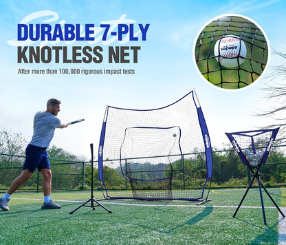 Baseball Softball Practice Combo - 7 X 7 Feet Net Tee Caddy 12 Pack Baseballs Set, Upgraded Vivid Strike Zone, Baseball Backstop Practice Net for Hitting Pitching Batting Catching