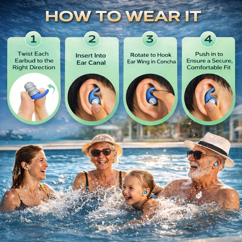 Waterproof Swimming Ear Plugs for Adults Kids, 3 Pairs Reusable Silicone | Reusable Swim Earplugs for Pools, Surfing, Diving, Showering and Water Sports, Keep Water Out and Ear Protection
