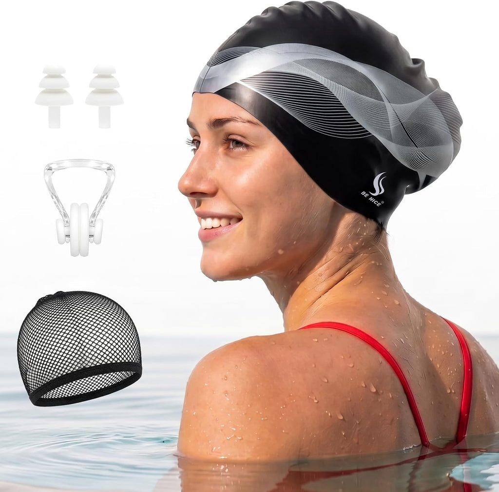 Silicone Swim Cap for Long Hair - X-Large Waterproof Swim Hat for Men Women Adults, Dreadlocks, Braids, Curls & Afros, Black