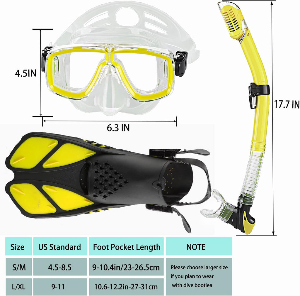 Snorkeling Gear for Adults with Bag Anti-Fog Snorkel Sets for Travel | Anti-Leak Diving Mask with Flippers,Professional Scuba Diving Gear with Earplugs
