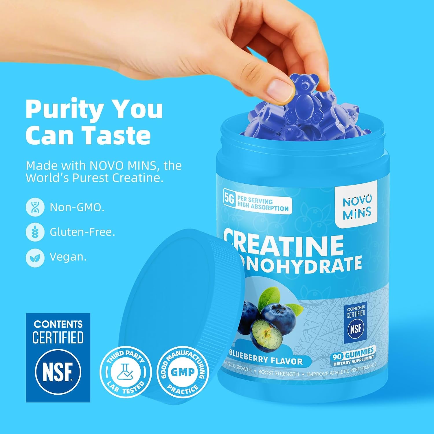 Creatine Monohydrate Gummies 5000Mg for Men & Women, Chewables Creatine Monohydrate for Muscle Strength, Muscle Builder, Energy Boost, Pre-Workout Supplement(90 Count)-Blueberry Flavor.