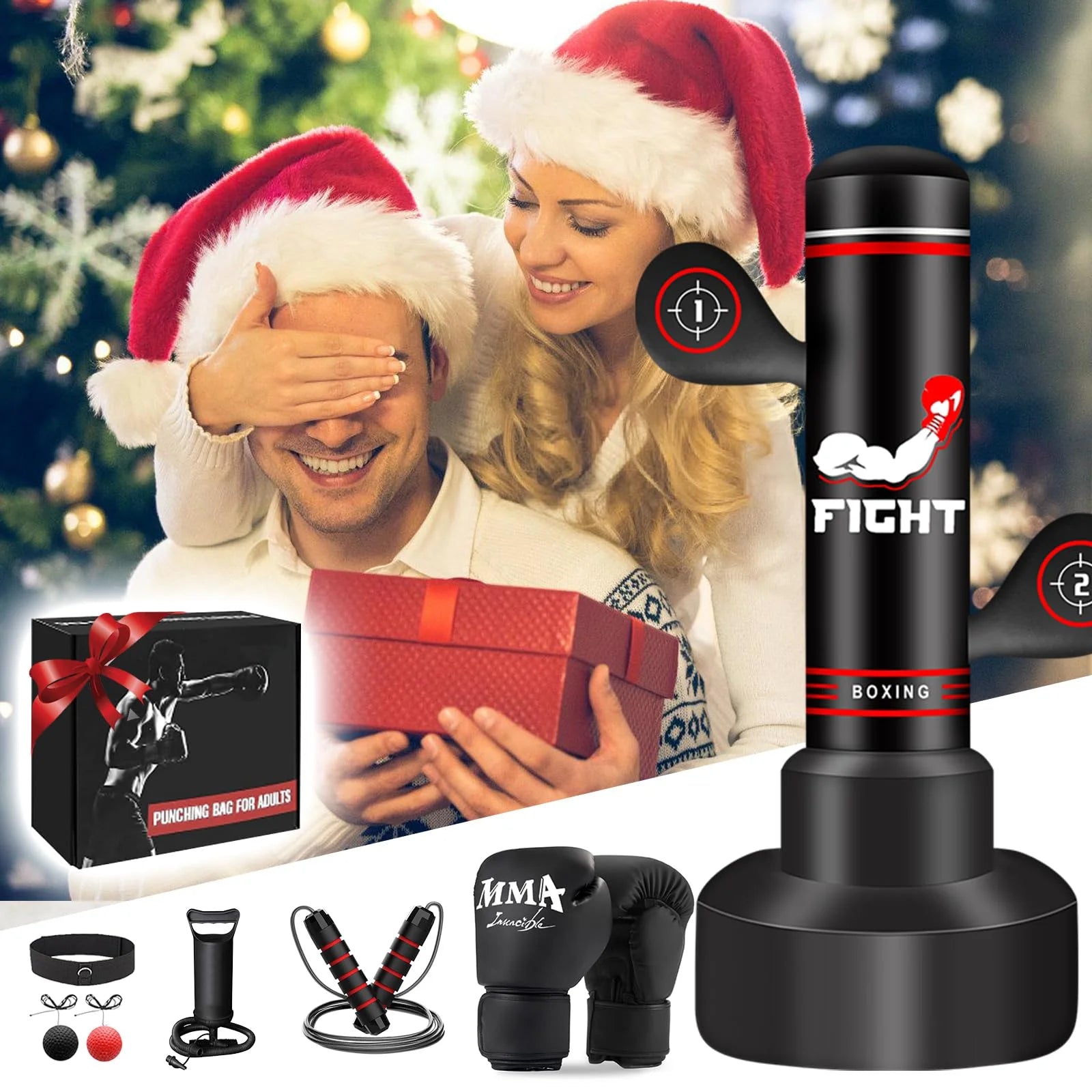 Heavy Punching Bag for Adults Teens, Heavy Bags for Boxing Freestanding with Gloves, Pump and Jump Rope, Boxing Reflex Ball for Men Training Equipment MMA Fitness Home Gym