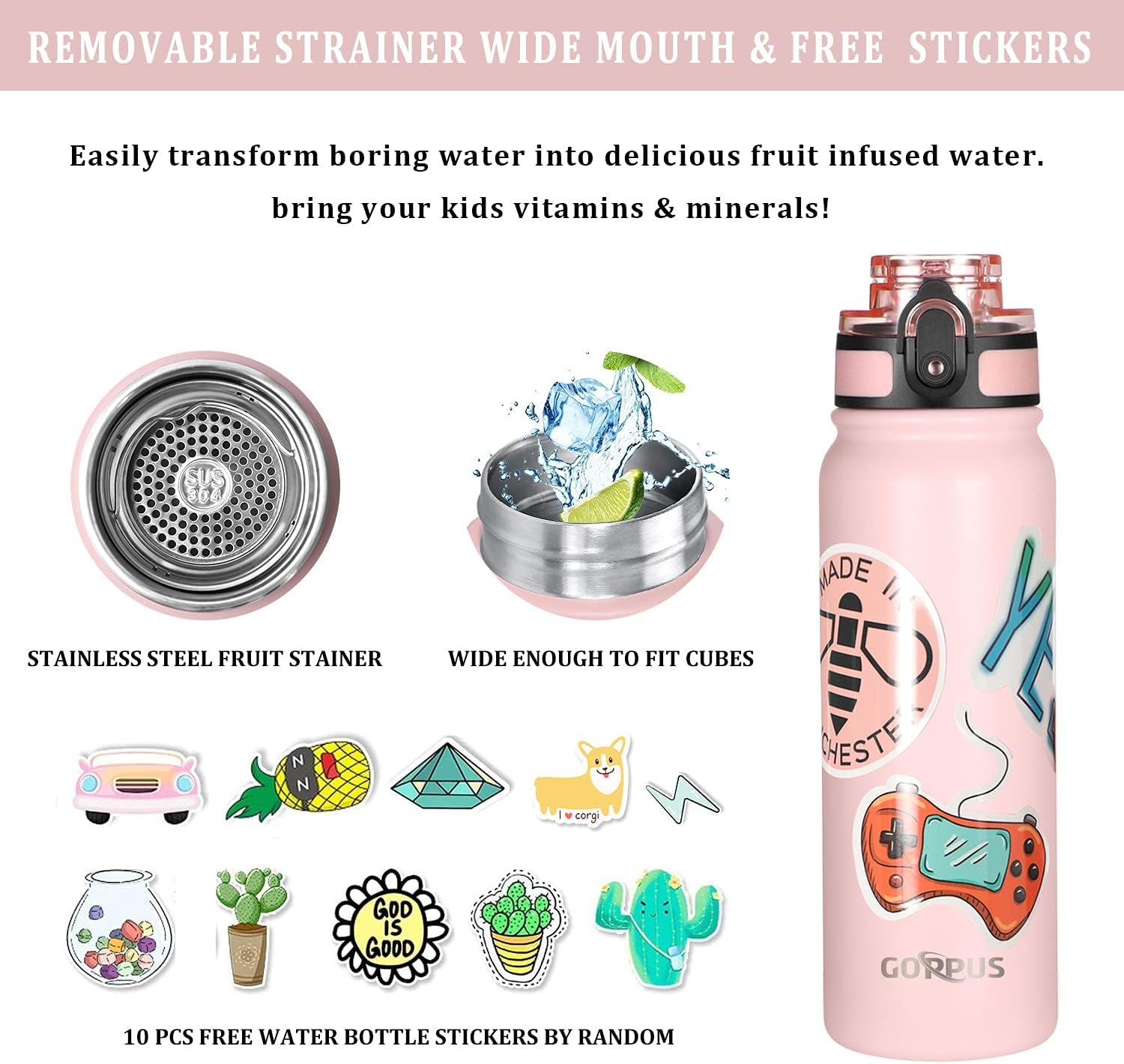 Kids Water Bottle with Straw Spout Wide Mouth Lid 20 Oz Leak Proof Double Walled Metal Insulated Stainless Steel Sports Water Bottles with Strap Handle Stickers for Boys Girls School(3 Lids)