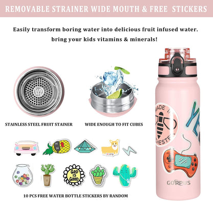 Kids Water Bottle with Straw Spout Wide Mouth Lid 20 Oz Leak Proof Double Walled Metal Insulated Stainless Steel Sports Water Bottles with Strap Handle Stickers for Boys Girls School(3 Lids)