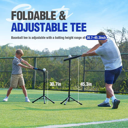 Baseball Softball Practice Combo - 7 X 7 Feet Net Tee Caddy 12 Pack Baseballs Set, Upgraded Vivid Strike Zone, Baseball Backstop Practice Net for Hitting Pitching Batting Catching