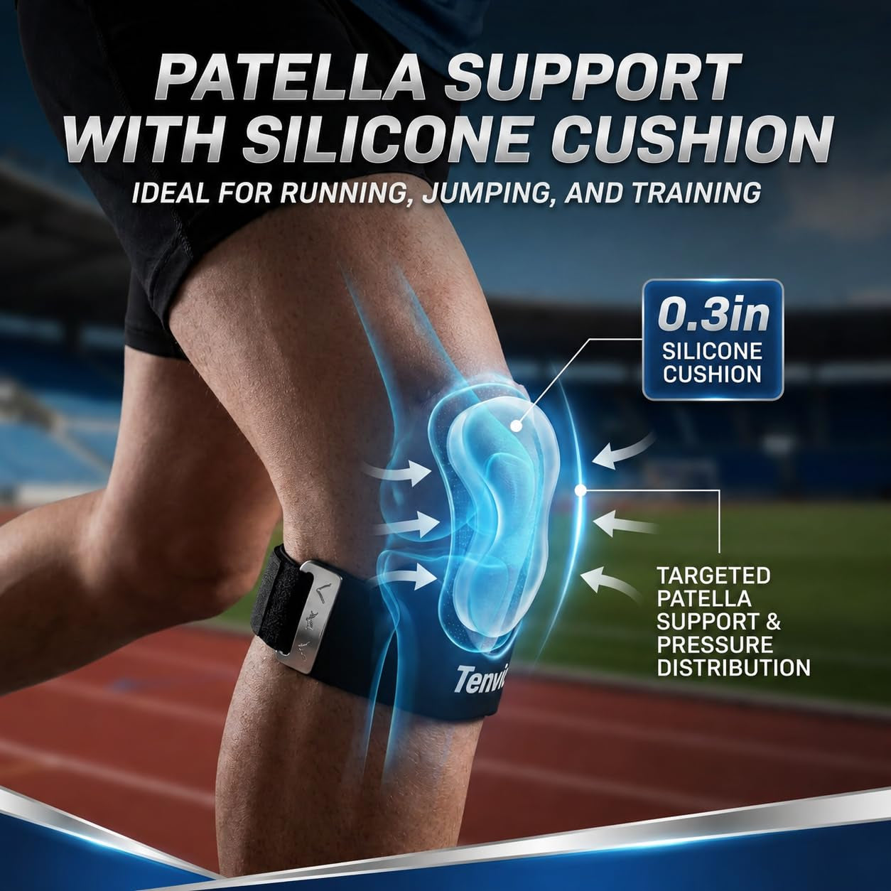 Patella Support Brace Silicone Pad Adjustable (Black) | Adjustable Patella Knee Strap with Silicone Pad Helps Support Knee Stability and Comfort during Running, Sports and Daily Use