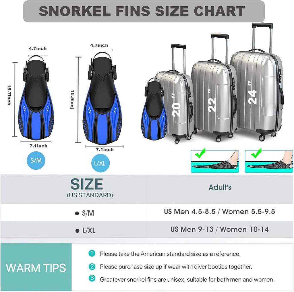 Snorkel Fins Diving Fins Adjustable Buckles Open Heel Swim Flippers Travel Size Short Swim Fins for Snorkeling Diving Swimming Adult Men Womens