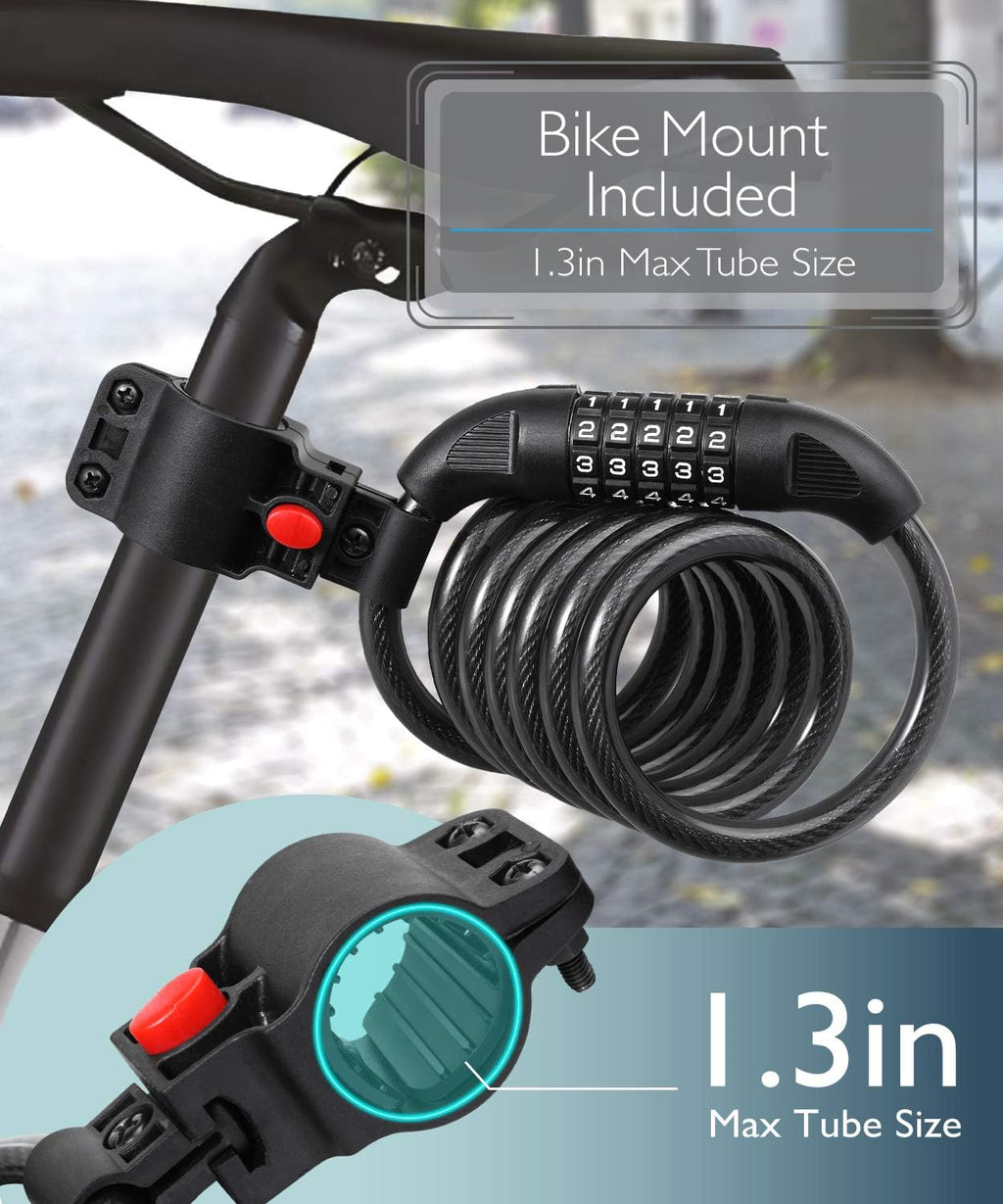 Bike Lock Cable (4 Feet), Heavy Duty 5-Digit Self Coiling Resettable Combination Code, Bicycle Chain Flexible Steel Security Cable Lock with Bike Mount Holder - Black