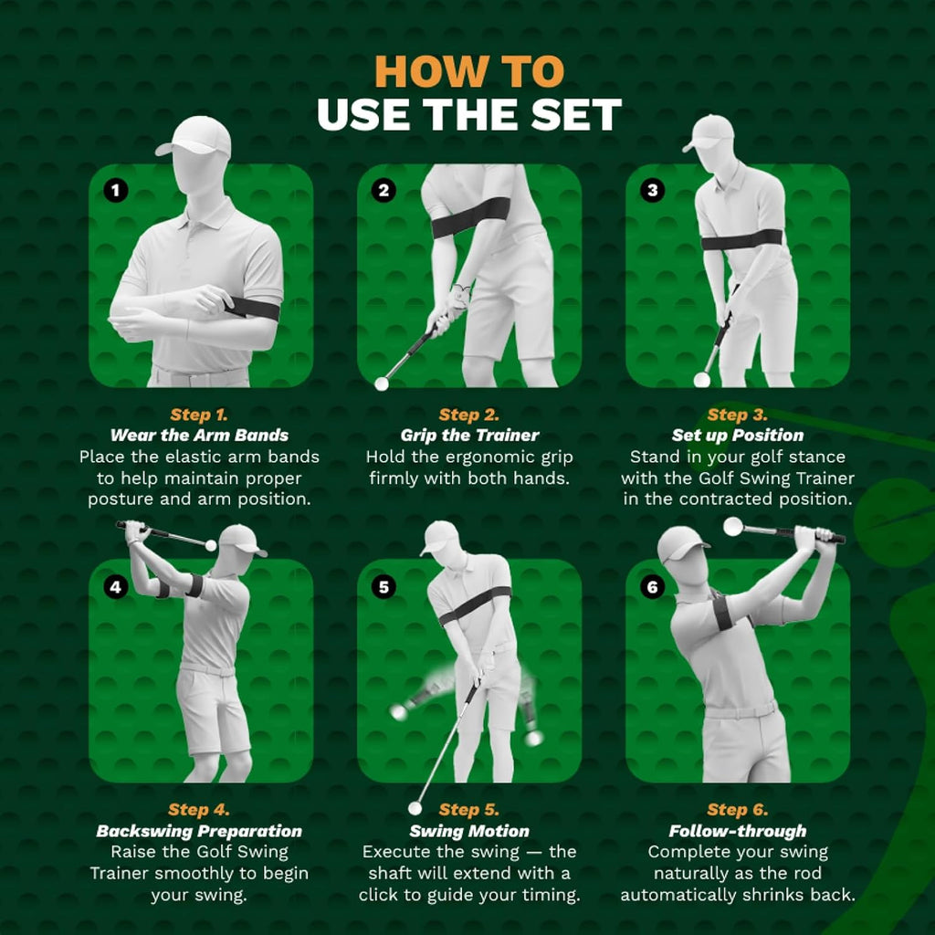 Retractable Golf Swing Trainer Aid with Grip Arm Band for Right -Handed Golfers, Grip Tempo Trainer, Click Feedback, Arm Correction Training Aid for Indoor Outdoor, Golf Practice Stick for Men