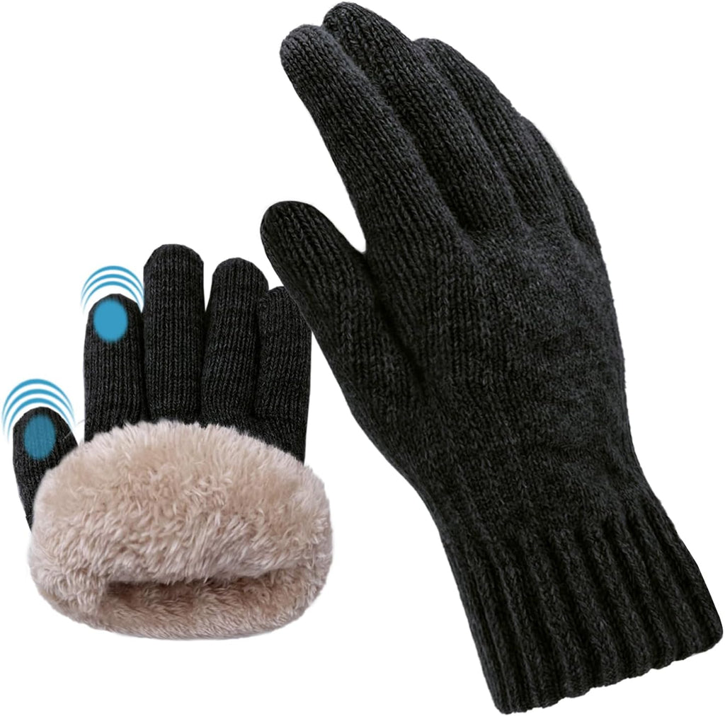 Wool Winter Gloves for Men Women Fleece Lined Touchscreen Warm Thermal Snow Cable Knit Gloves for Cold Weather Gift