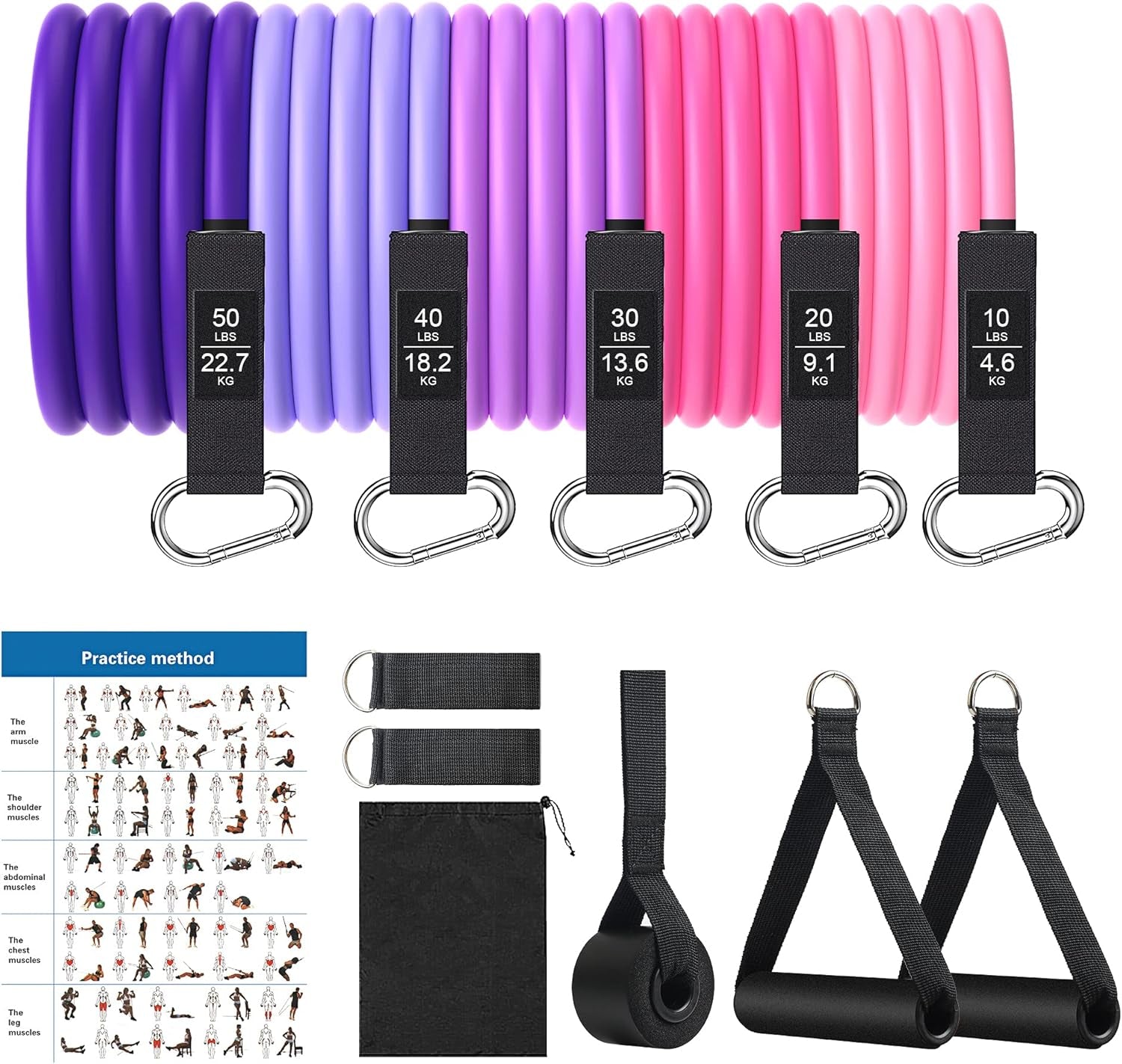 Resistance Bands Set - Exercise Bands with Door Anchor Handles Ankle Straps Carry Bag for Resistance Training Physical Therapy Shape Body Home Workouts