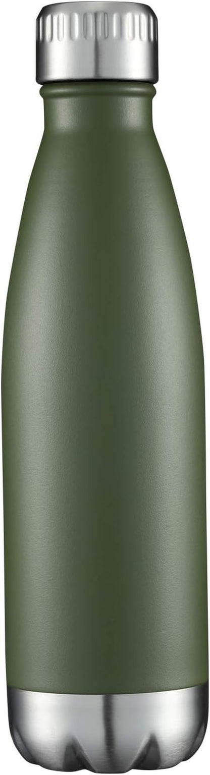 17Oz Stainless Steel Water Bottles, Vacuum Insulated Double Walled Powder Coated Reusable Metal Sports Water Bottles Keep Drinks Hot and Cold, Armygreen, 1Pack