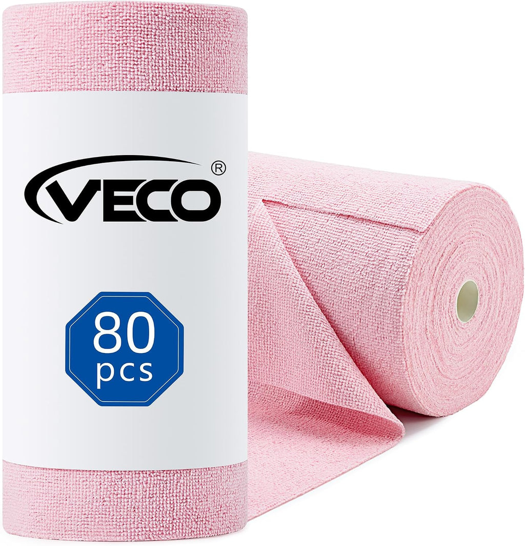 Microfiber Cleaning Cloth Roll 80 PCS, 12" X 12" | Lint-Free, Streak-Free, Tear Away Reusable Microfiber Towels, Cleaning Rags for Kitchen, Car & Home, Pink