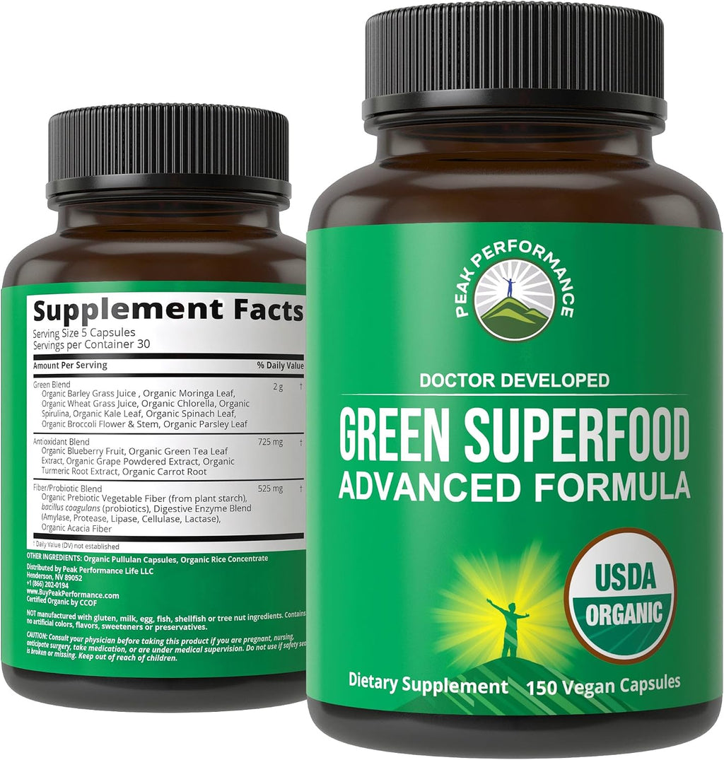 Organic Super Greens 150 Capsules. Green Juice Superfood Supplement | 25+ All Natural Organic Ingredients. Max Energy, Detox Super Food Pills with Spirulina, Spinach, Kale, Turmeric, Probiotics