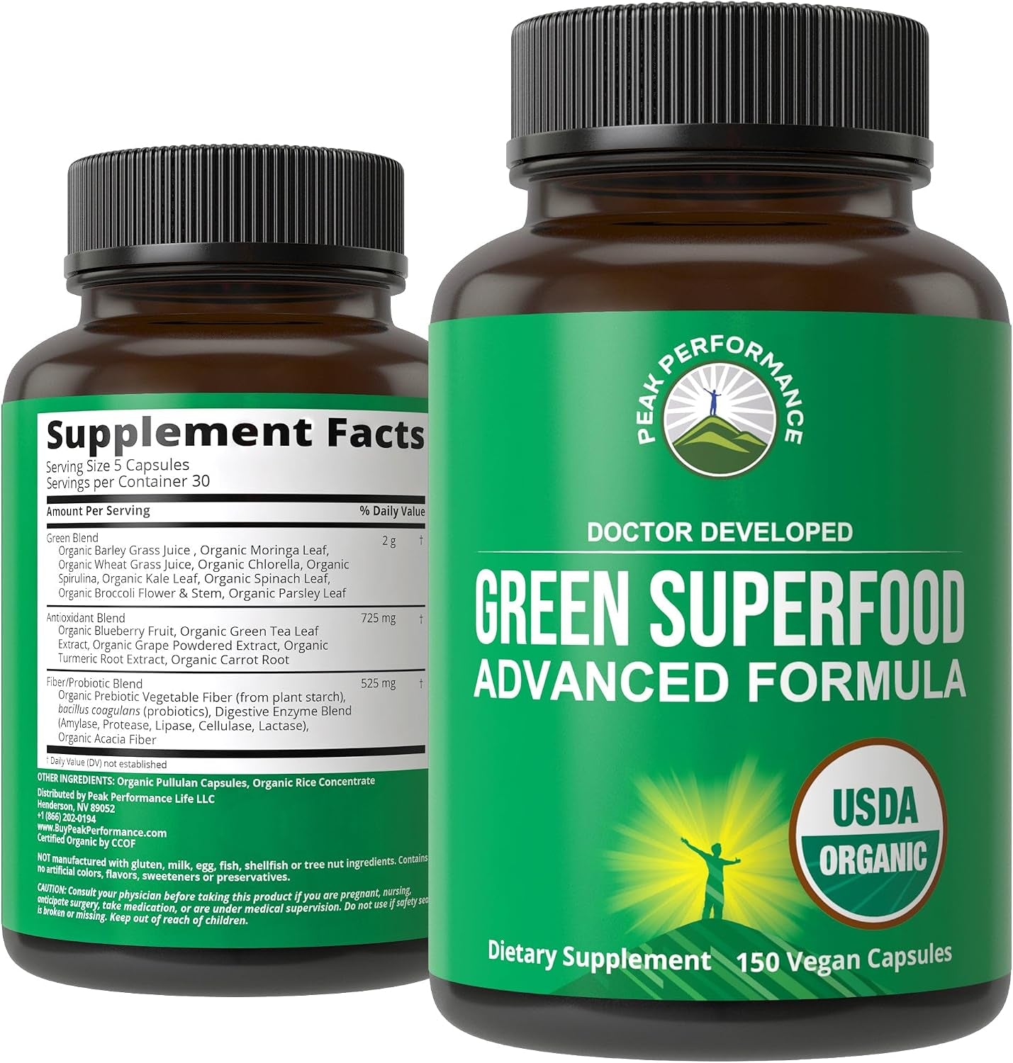 Organic Super Greens 150 Capsules. Green Juice Superfood Supplement | 25+ All Natural Organic Ingredients. Max Energy, Detox Super Food Pills with Spirulina, Spinach, Kale, Turmeric, Probiotics