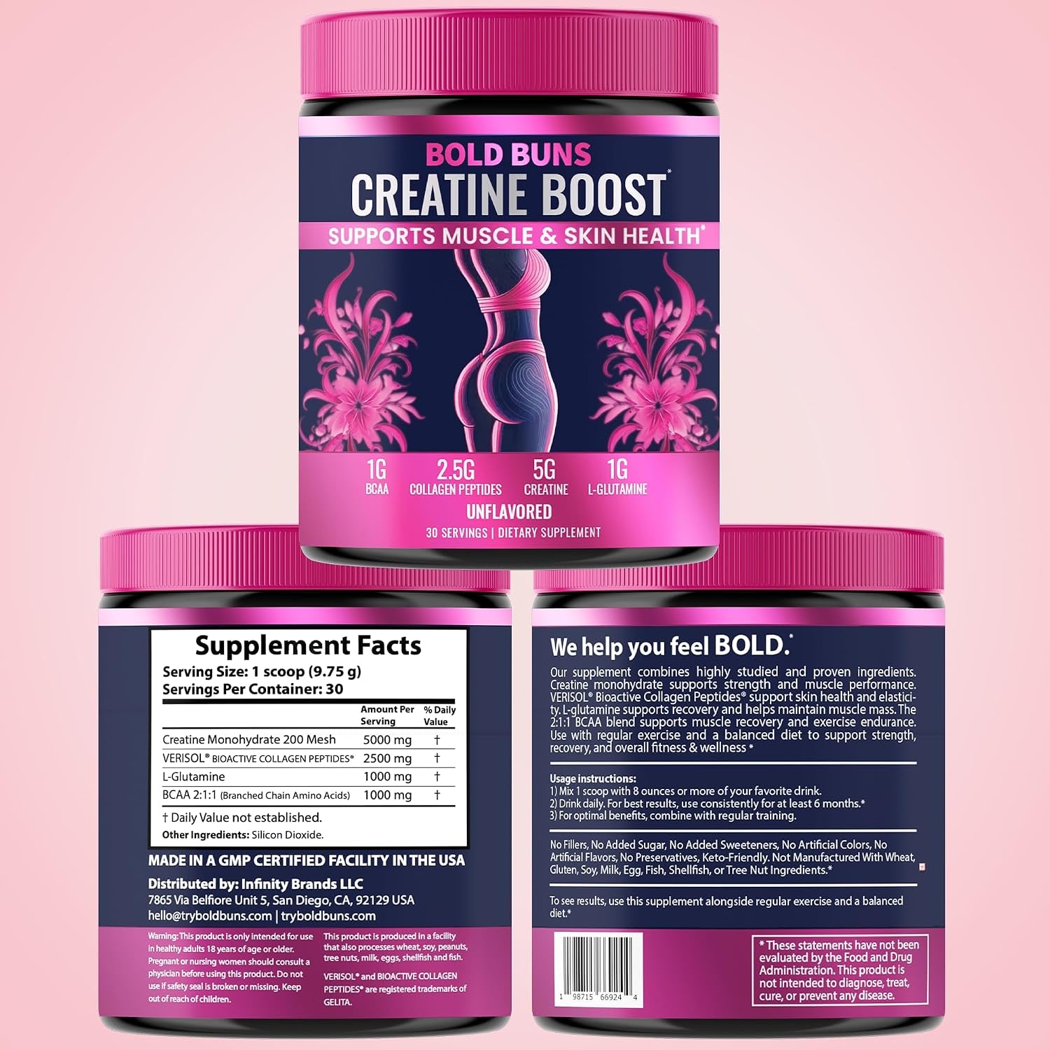 Creatine for Women – Supplement with Collagen & BCAA – Supports Muscle Development, Post-Workout Recovery, Skin Elasticity, Healthy Hair & Nail (30 Servings, Unflavored)