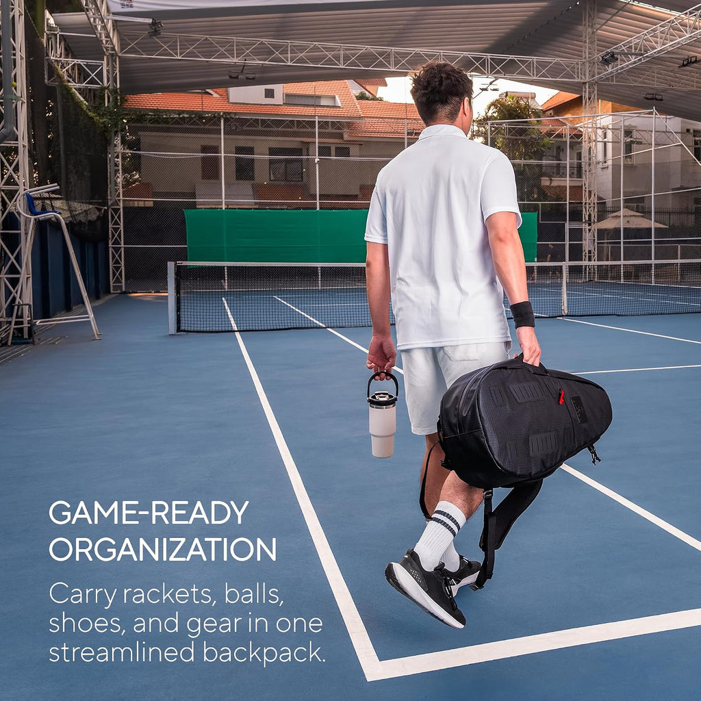 Racquet Bag Voyager, Slim Weatherproof Tennis Backpack for 1-3 Racquets | Fits Overhead Bins, Padded Racquet Divider, Water Bottle Holder, Removable Strap, Modular Clip-On System