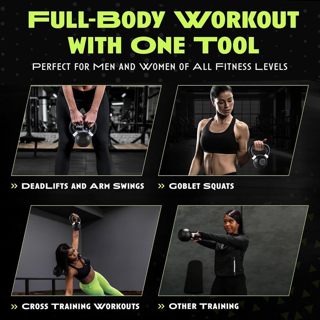 Single Cast Iron Kettlebell, Wide Handle Powder Coated - Core/Glute Workout
