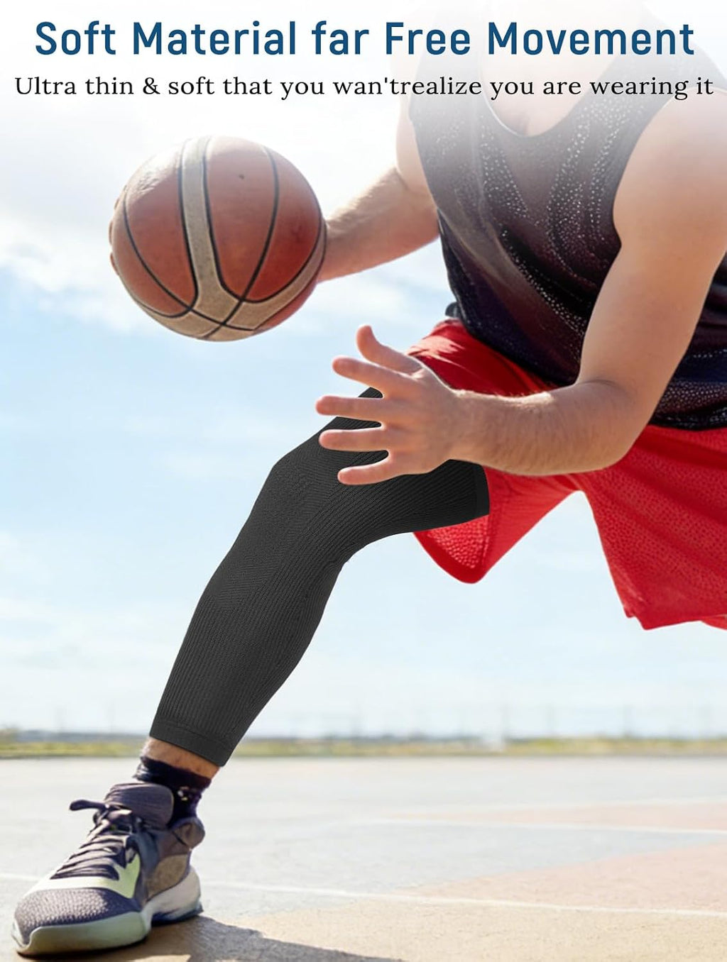 Leg Compression Sleeve, Stays in Place, Snug Fit, Pack of 1, Large | Soft Breathable Material, Upgraded Silicone Band, Mid-Thigh Knee Calf Support, Reduce Leg Soreness, Daily Wear, Workout