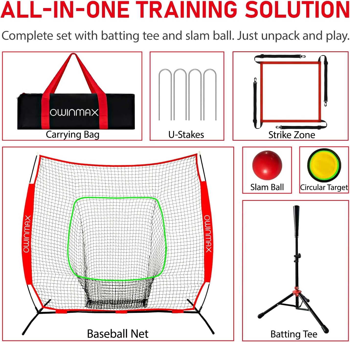 7X7 FT Baseball Net, Baseball & Softball Training Net with Batting Tee, Strike Zone & Circular Target and Weighted Ball, Portable Design with Compact Storage