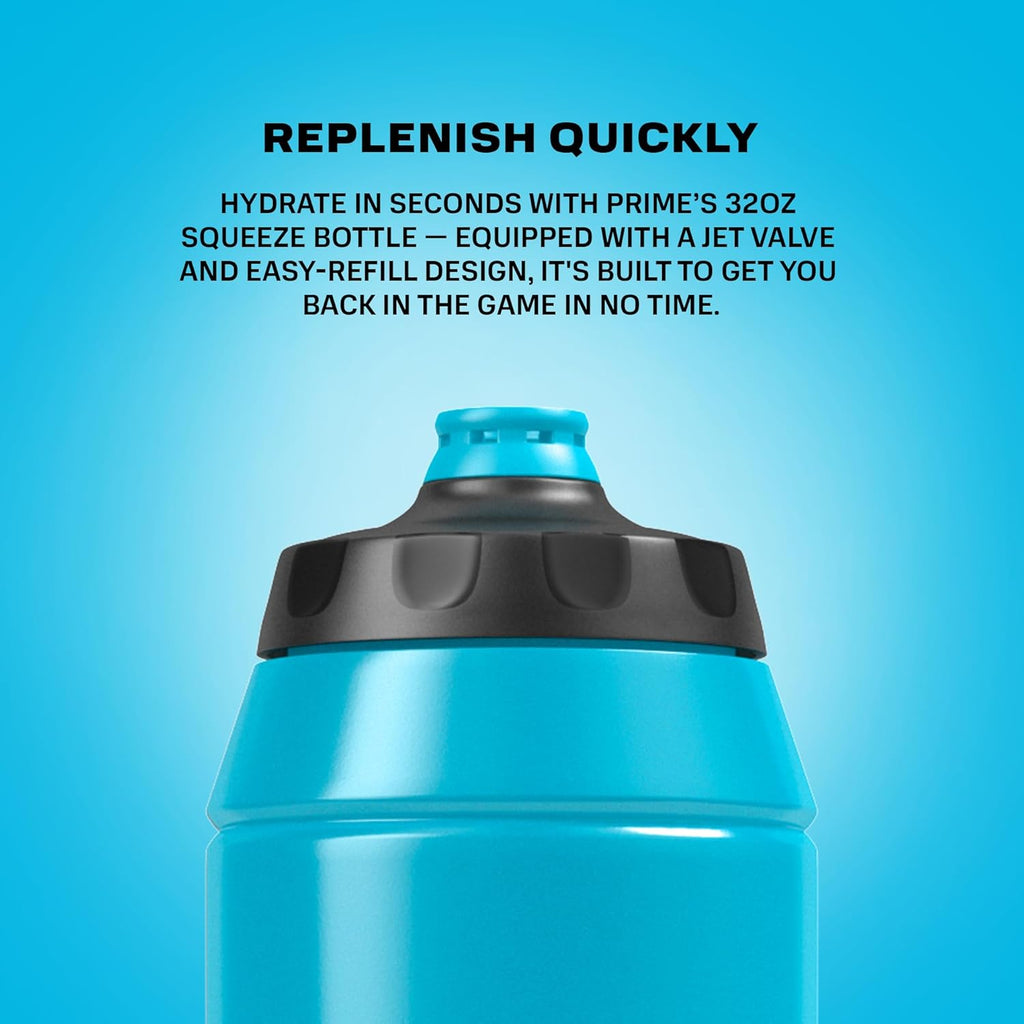 PRIME 32 Oz Blue Squeeze Sports Water Bottle, BPA Free, Dishwasher Safe, Easy-Grip Ergonomic Leakproof Design, Fast Hydration for Gym, Cycling, Running