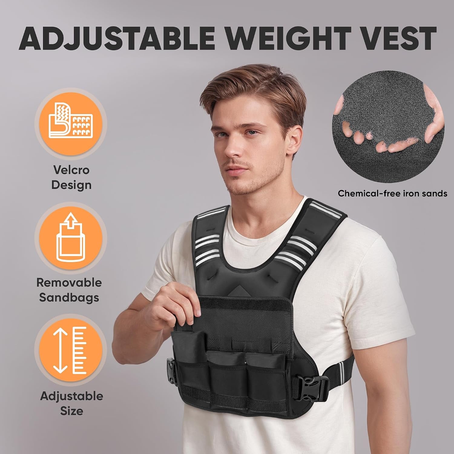 Adjustable Weighted Vest, 4-10Lb/12-18Lb/20-32Lb Vest with 6 Ironsand Weights and Large Pocket, Weight Vest for Men Women Strength Training, Running, Walking