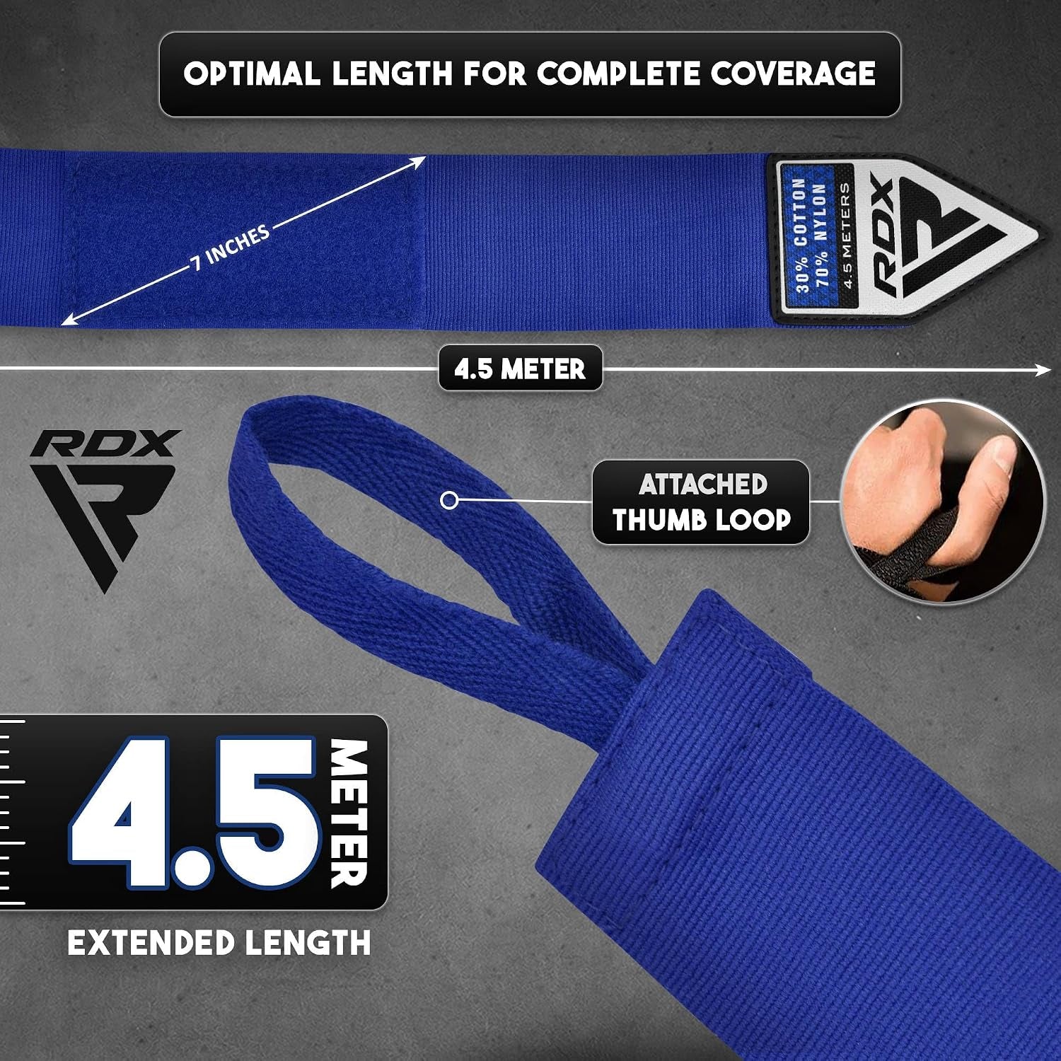 Boxing Hand Wraps 4.5M / 180 Inches – Mexican Style Semi-Elastic MMA Inner Gloves - Wrist Support for Muay Thai, Kickboxing, BJJ, Karate - Thumb Loop & Hook and Loop Closure - Cotton & Nylon Blend