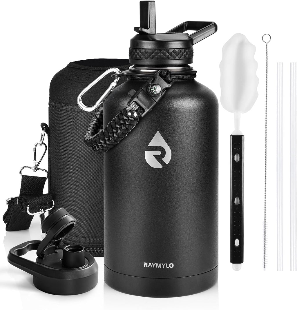 Insulated Water Bottle 64 Oz, Triple Wall Vacuum Stainless Steel | (Cold for 48 Hrs), Leak Proof & Non-Bpa, Half Gallon Water Flask Jug with Paracord Handle & Straw Spout Lids
