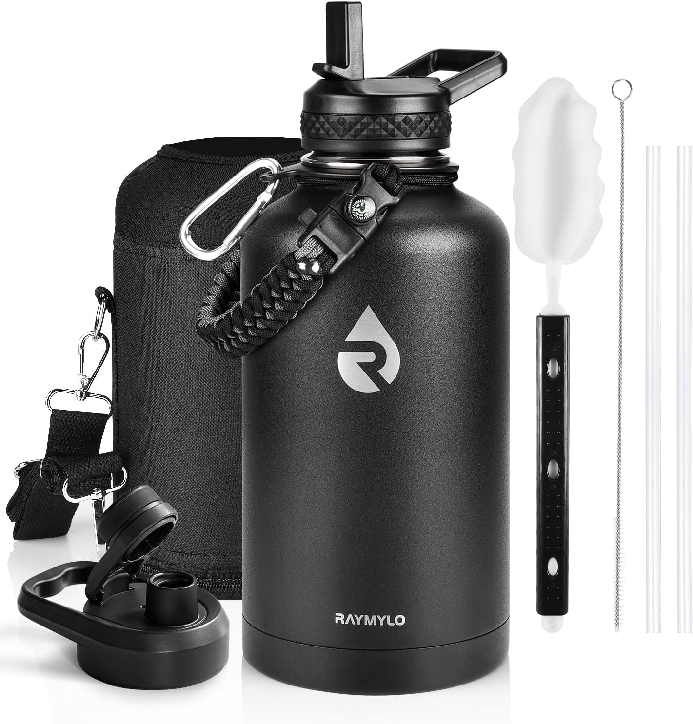 Insulated Water Bottle 64 Oz, Triple Wall Vacuum Stainless Steel | (Cold for 48 Hrs), Leak Proof & Non-Bpa, Half Gallon Water Flask Jug with Paracord Handle & Straw Spout Lids