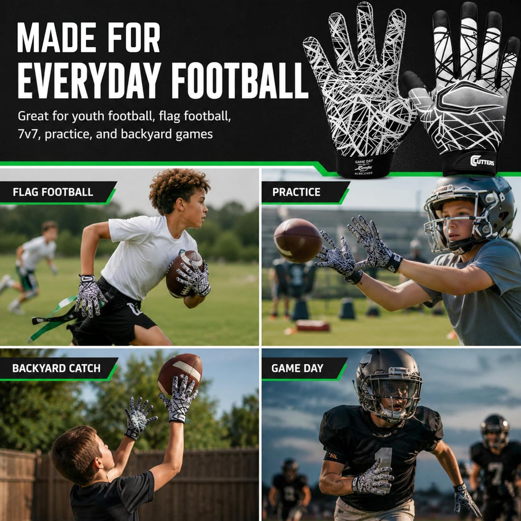 Football Gloves - Game Day Football Receiver Gloves with High Tack Silicone Grip, Superior Support and Protection - Black and White - Youth-Large