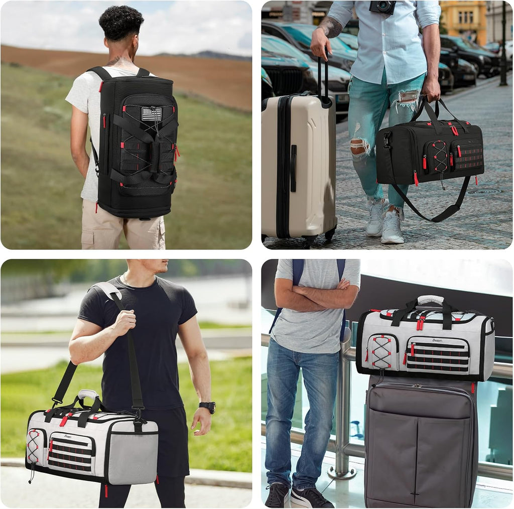 Gym Bag for Men & Women, 45L Travel Duffle Sports Duffel Bag Gym Weekender Overnight Backpack with Shoe Compartment (Black) | Convertible Duffel Backpack, Comes with Toiletry Bag, Shoe Compartment & Wet Pocket, for Workout, Weekender, Overnight Travel