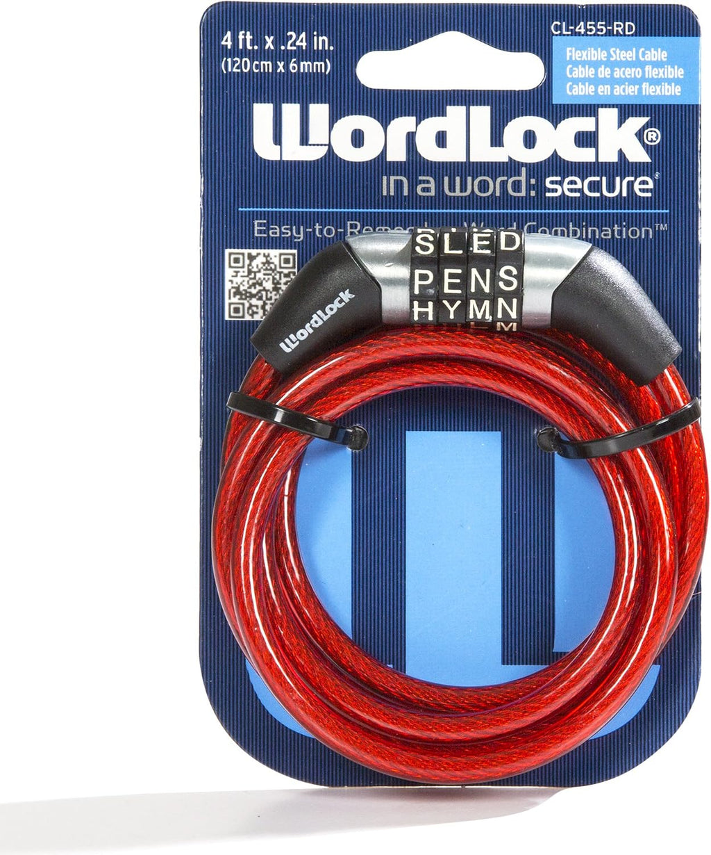 CL-455-RD Non-Resettable Combination Cable Lock, 4-Feet, Red