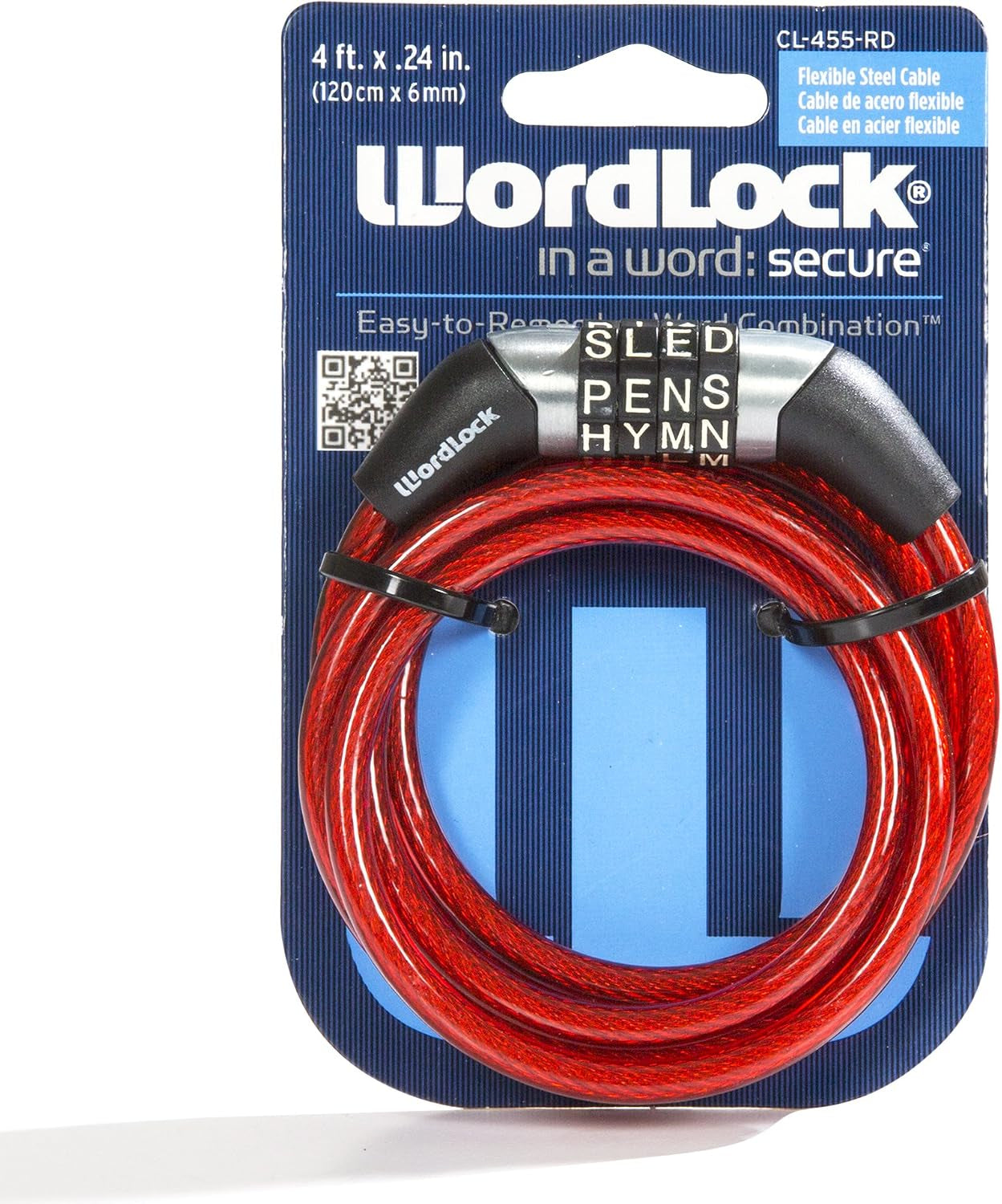 CL-455-RD Non-Resettable Combination Cable Lock, 4-Feet, Red