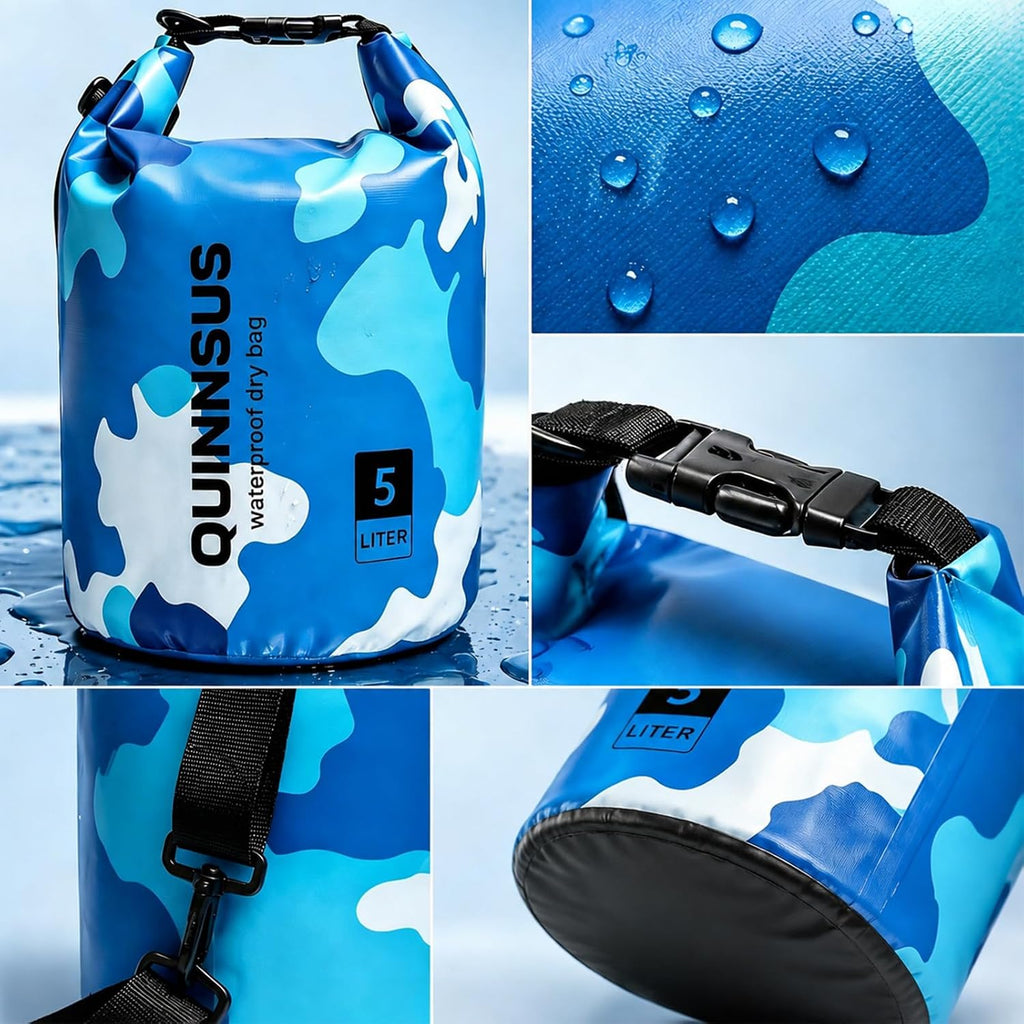 Waterproof Dry Bag Backpack 5L – Roll Top Floating Sack Keeps Gear Dry for Kayaking, Boating, Fishing, Camping, Swimming & Hiking, Beach Accessories Blue Camo