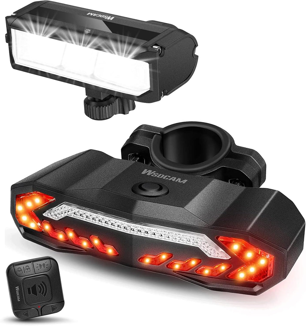 Bike Light Set with Bike Horn Alarm, Remote Control Bike Tail Light with Turn Signals and Brake Light Bike Alarm Horn, Bike Headlight for Night Riding, Rechargeable Rear and Front Bike Light