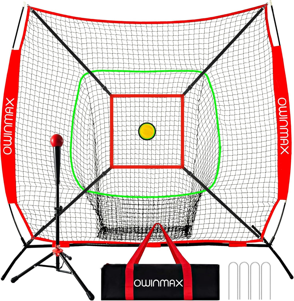 7X7 FT Baseball Net, Baseball & Softball Training Net with Batting Tee, Strike Zone & Circular Target and Weighted Ball, Portable Design with Compact Storage