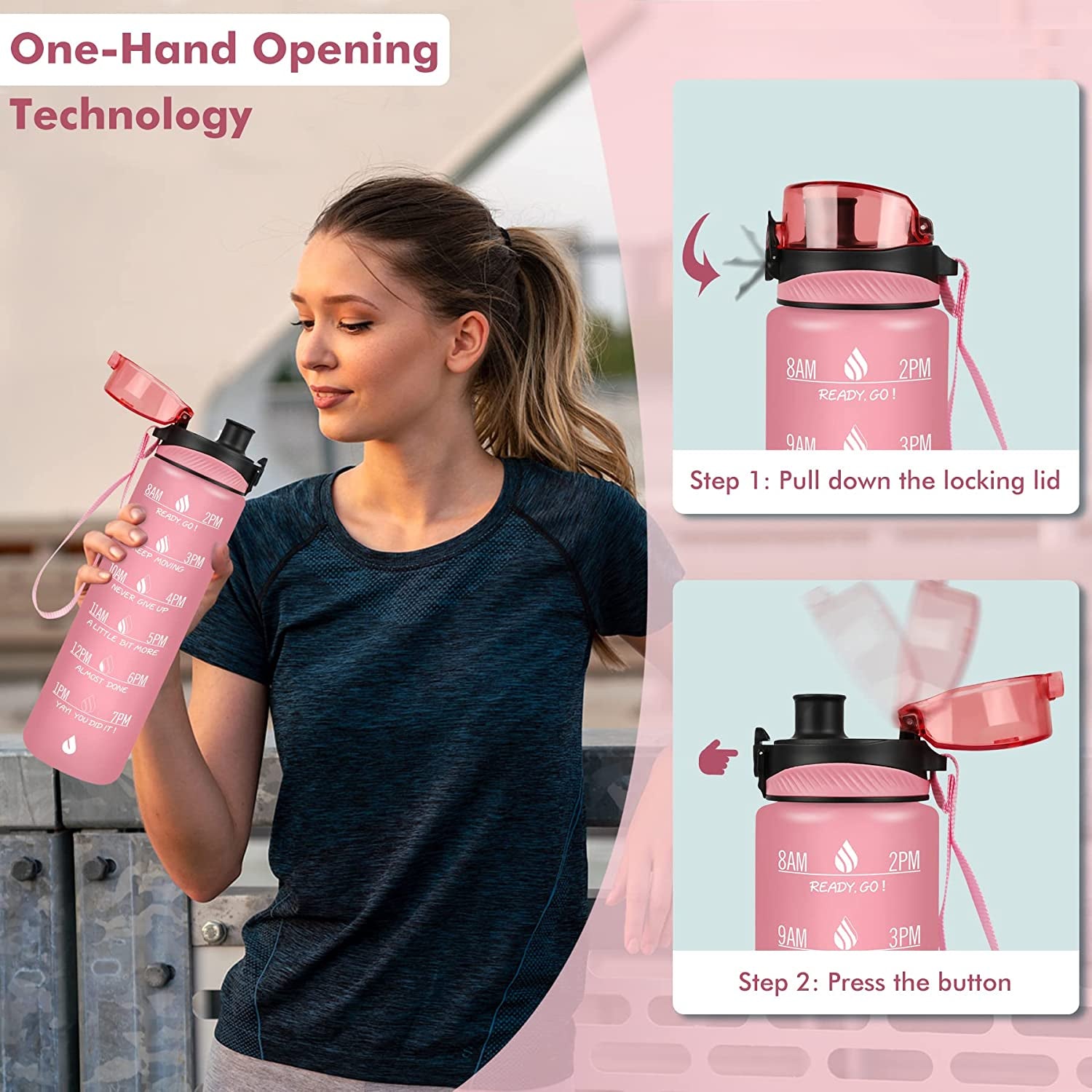 32Oz Motivational Water Bottle with Times to Drink,Time Marker &amp; Removable Strainer,Fast Flow,Leakproof Tritan BPA Free Non-Toxic Water Jug for Fitness,Gym,Sports…