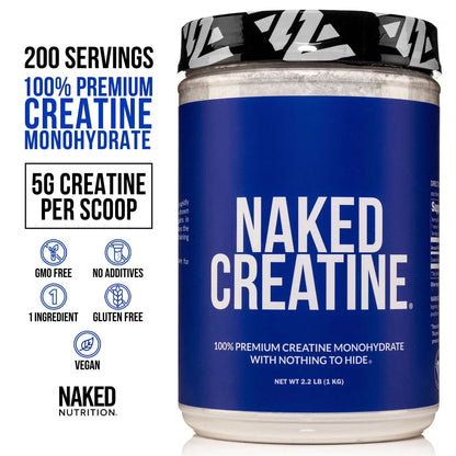 Naked Creatine Monohydrate, Unflavored Micronized Creatine Powder Supplement, 1KG 200 Servings