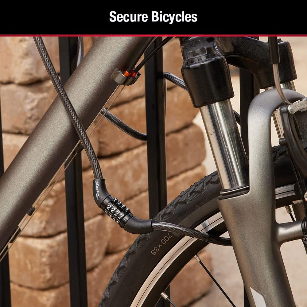 Black Set Preset Combination Bike Lock, Metal Cable Lock Has a Weather Resistant Vinyl Coating for Outdoor Equipment, Bicycles, 4 Feet Long, Pack of 2, 8143T