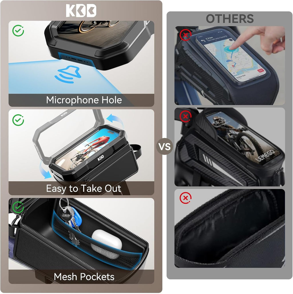 Bike Front Frame Bag with Waterproof Phone Holder, Mountain Cycling Storage Pouch, Handlebar Bag with Phone Mount, Bicycle Accessories for Top Tube, Fit for Iphone 17 Pro Max, Cellphone under 7''