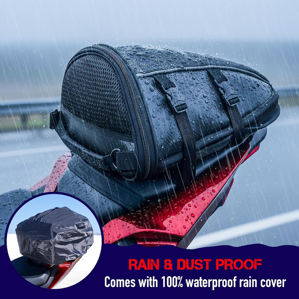 Motorcycle Tail Bag, Waterproof Street Sportsbike Rear Rack/Seat Bag Converts to Shoulder Bag, 10-15L Expandable Tail Tank Tool Pouch/Handle Carry Bag with Rain Cover, Mounting Straps