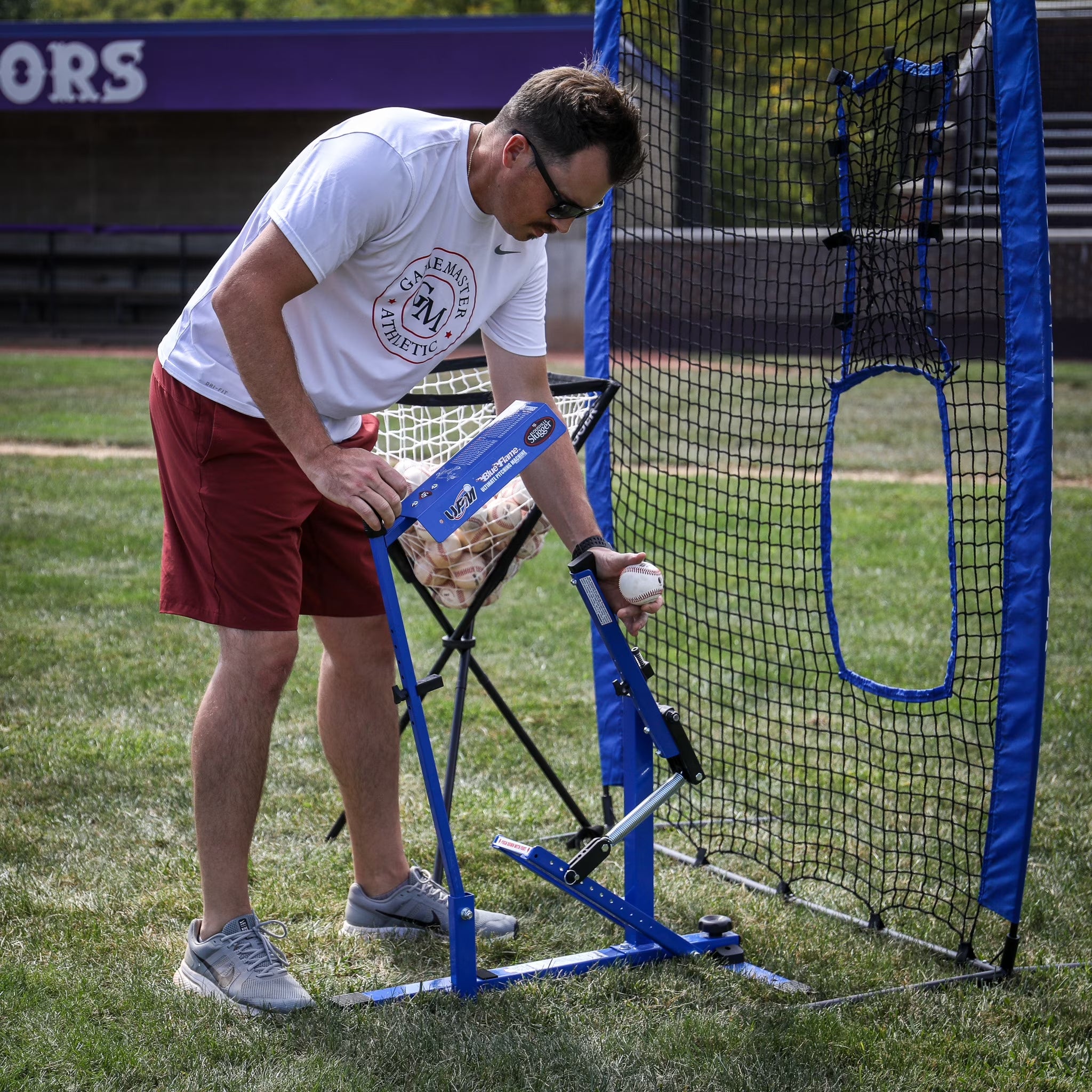Blue Flame Pitching Machine – Manual Baseball &amp; Softball Trainer, Throws up to 60 MPH, Youth &amp; Adult Practice Tool