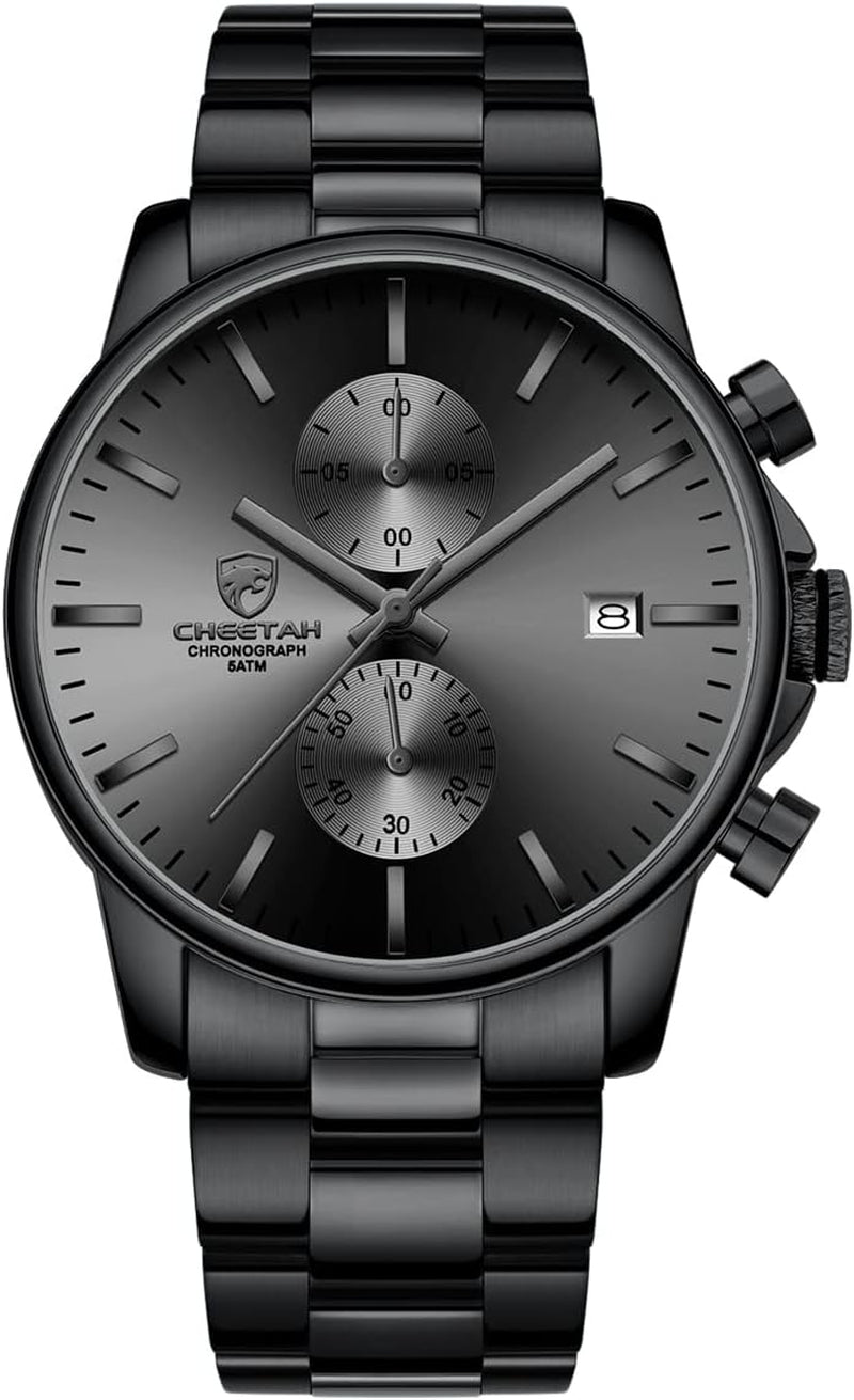 Fashion Business Mens Watches with Stainless Steel Waterproof Chronograph Quartz Watch for Men, Auto Date