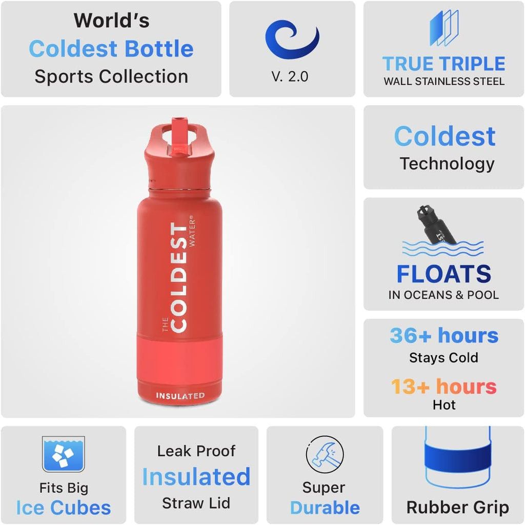 Coldest Insulated Water Bottle with Straw Lid - Stainless Steel Metal Insulated Bottle for Men & Women (Crimson Red, 32 Oz)