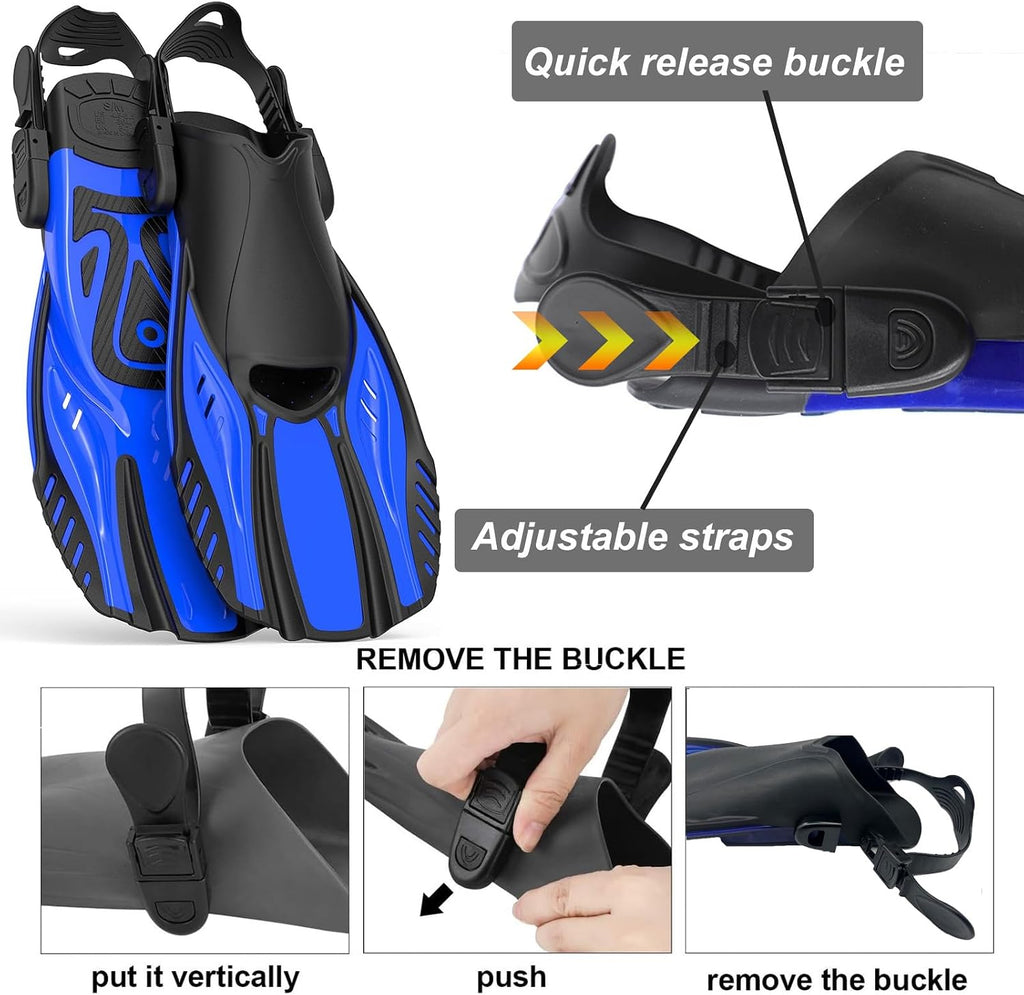 Snorkel Fins Diving Fins Adjustable Buckles Open Heel Swim Flippers Travel Size Short Swim Fins for Snorkeling Diving Swimming Adult Men Womens