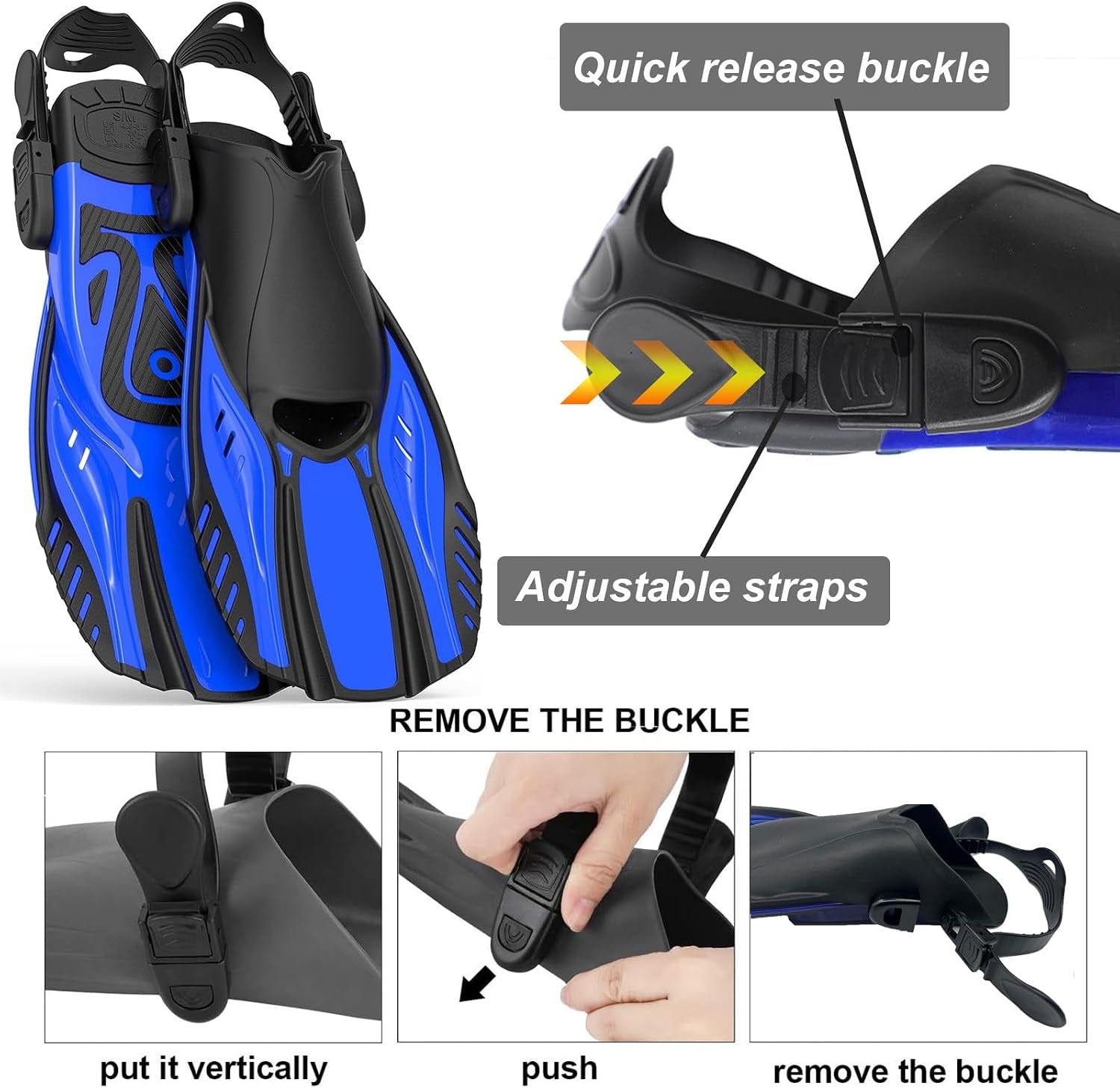 Snorkel Fins Diving Fins Adjustable Buckles Open Heel Swim Flippers Travel Size Short Swim Fins for Snorkeling Diving Swimming Adult Men Womens
