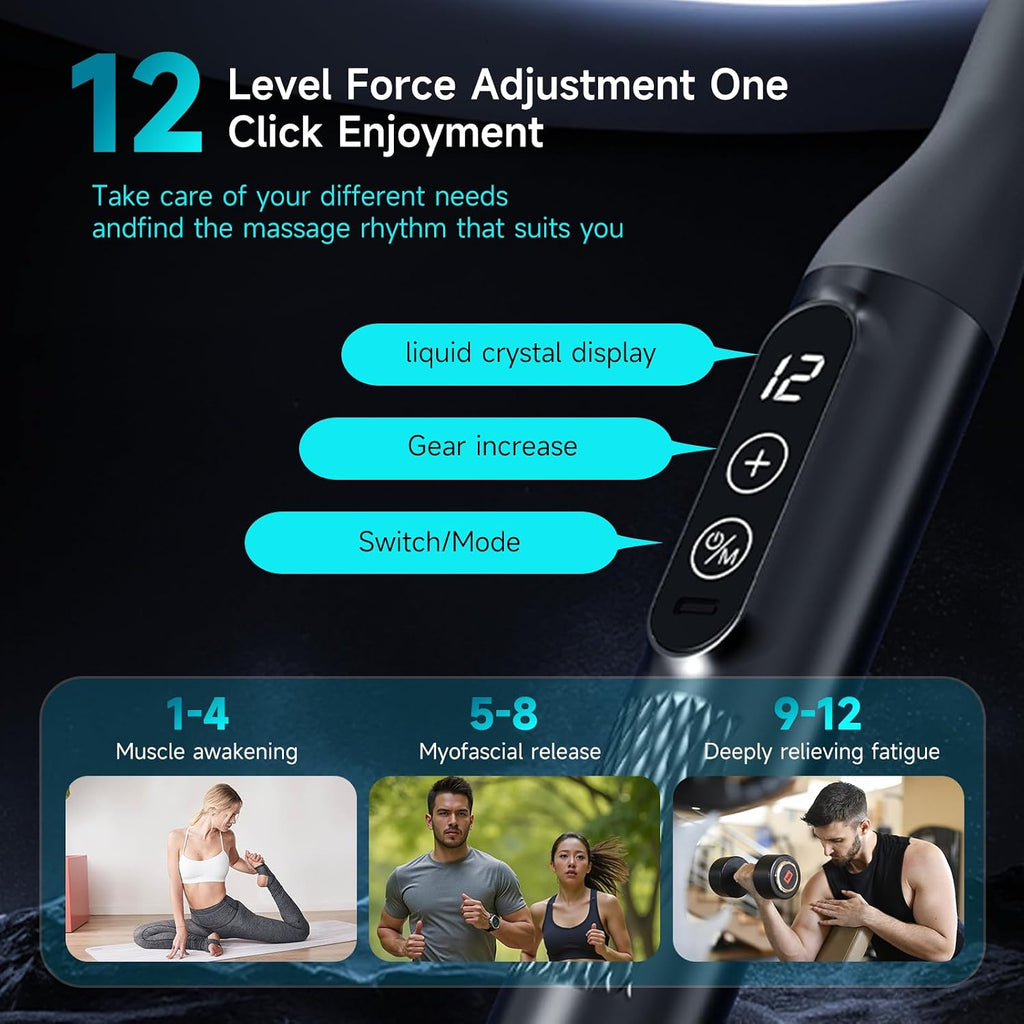 Double-Head Elbow Massage Gun, Detachable Extended Handle, 12 Levels Adjustable, 5 Heads Are Replaceable