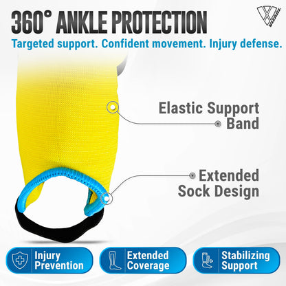 Malaga Shin Guards with Ankle Protection for Kids, Youth, and Adults | Lightweight Soccer Pads for Boys and Girls Ages 3+ - SKY/YELLOW, L